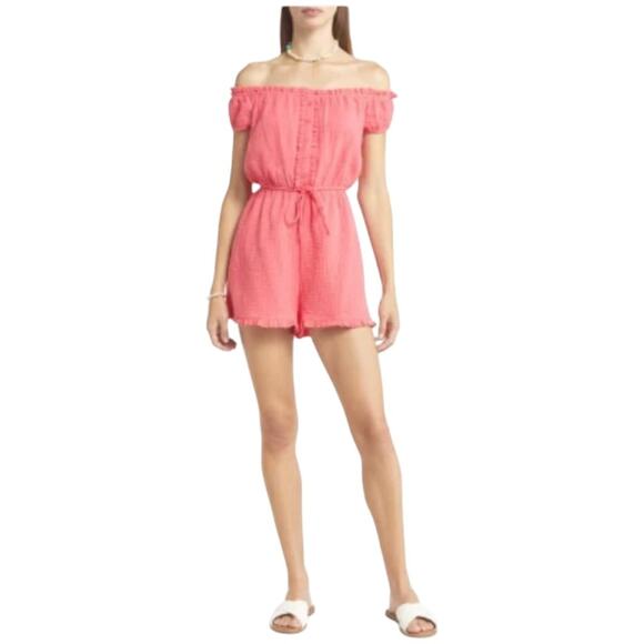 BP Pink Seersucker Off Shoulder Romper L Ruffle Trim Tie Waist Cotton - Picture 1 of 7